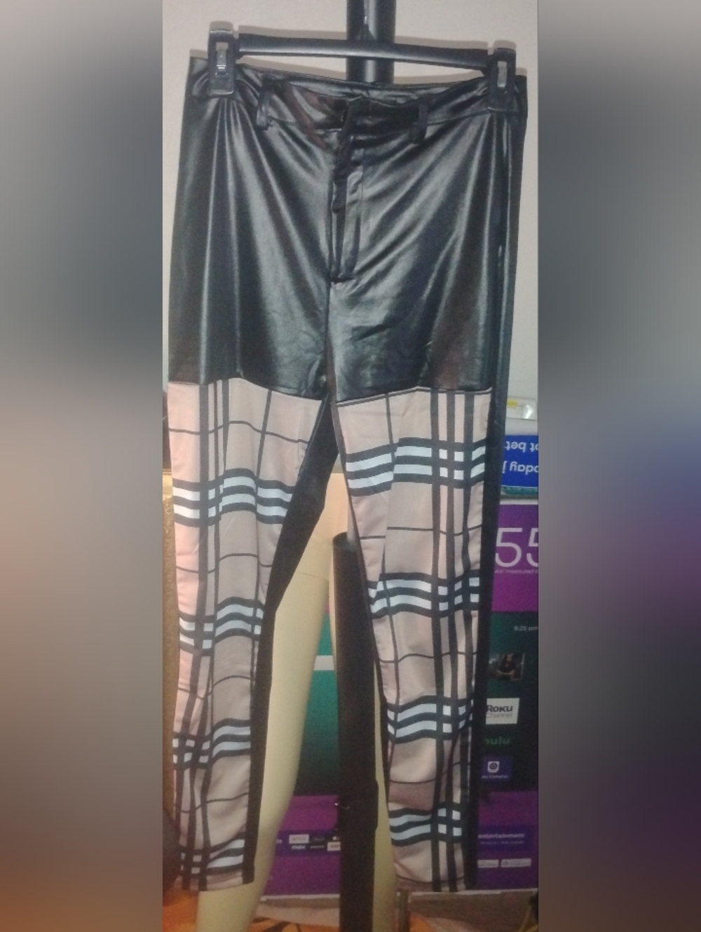 Black and Beige Plaid Panel Leggings